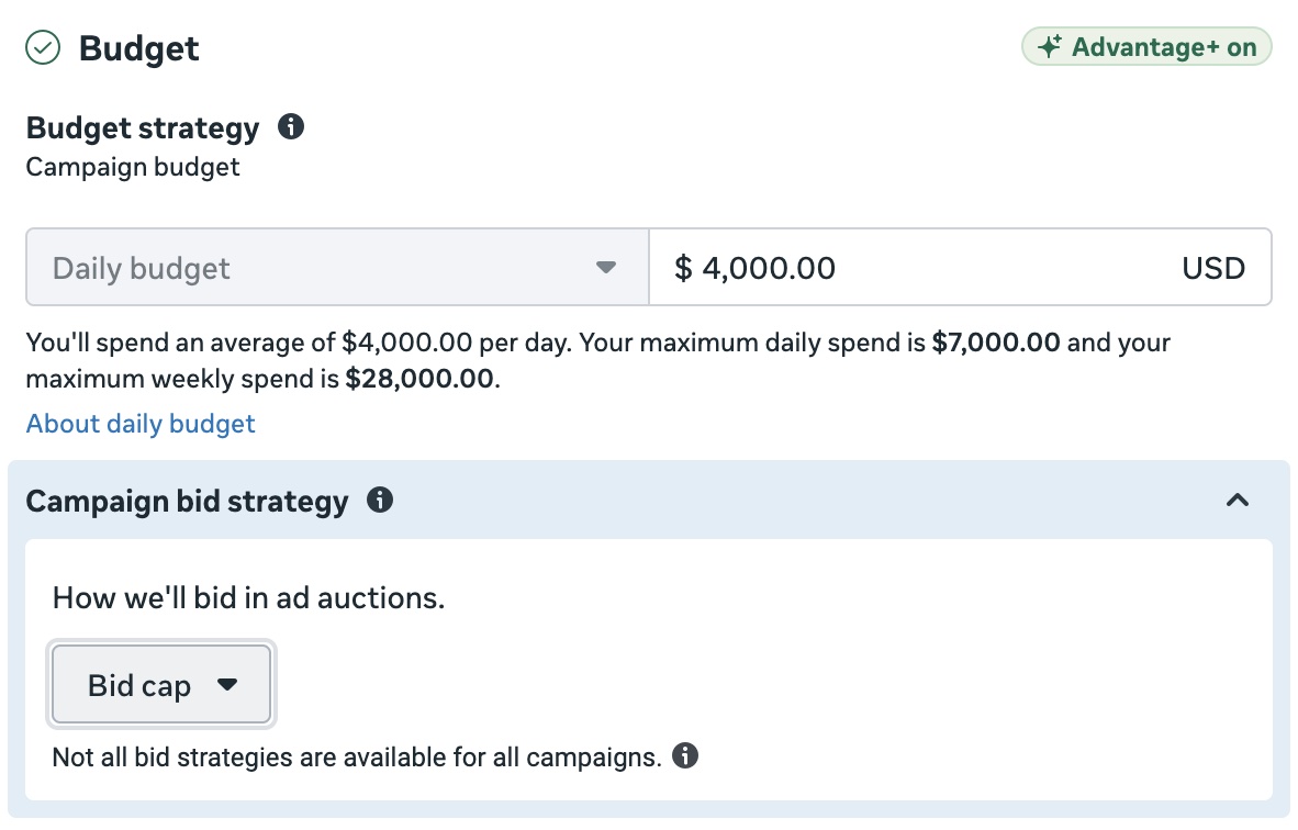 Meta Ads Manager showing bid cap selection under Campaign bid strategy