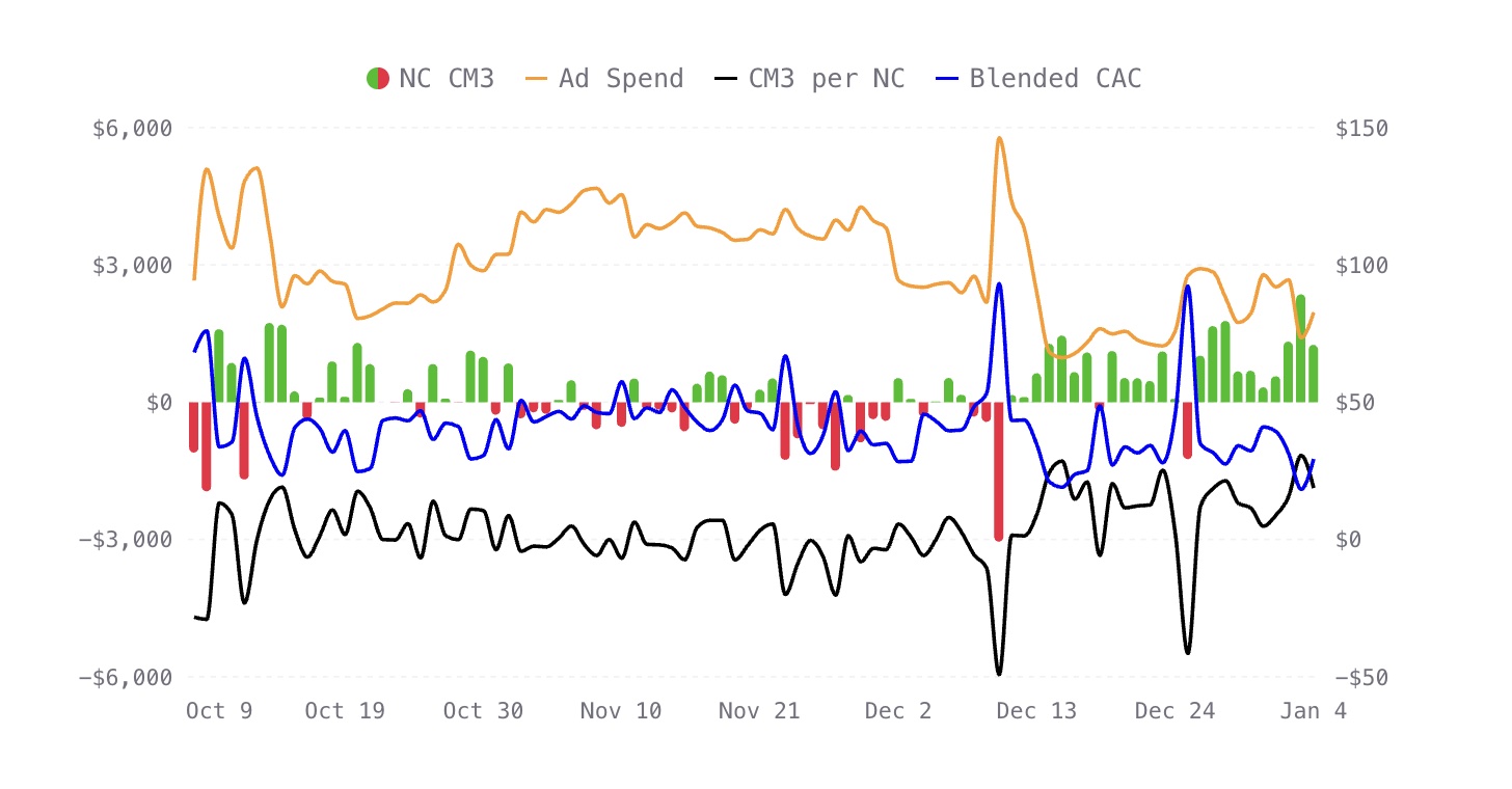 Kleio analytics dashboard showing profitability improvement after switching to bid caps around December 13th
