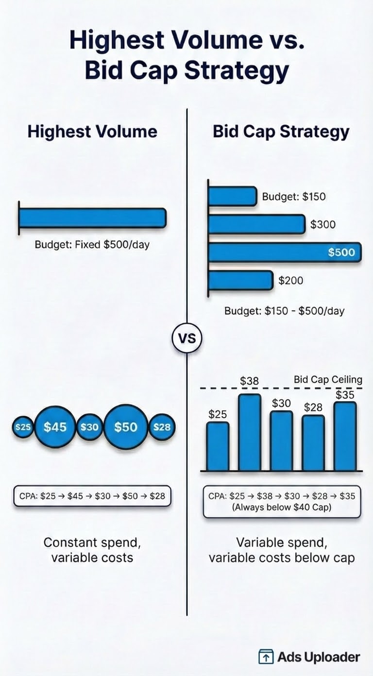 Highest Volume vs Bid Cap Strategy comparison showing constant spend with variable costs versus variable spend with capped costs - CPA varies day-to-day but stays below your bid cap