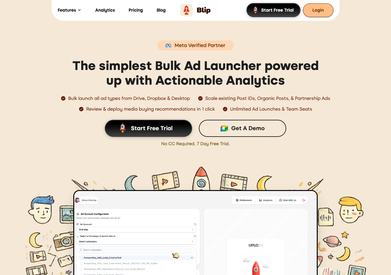 Blip homepage showing the bulk ad launcher's account configuration screen