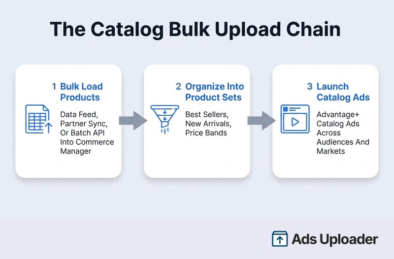 A cadeia de três etapas do upload em massa de catálogo do Facebook: carregar produtos por um feed de dados, organizar em product sets e lançar Advantage+ catalog ads.