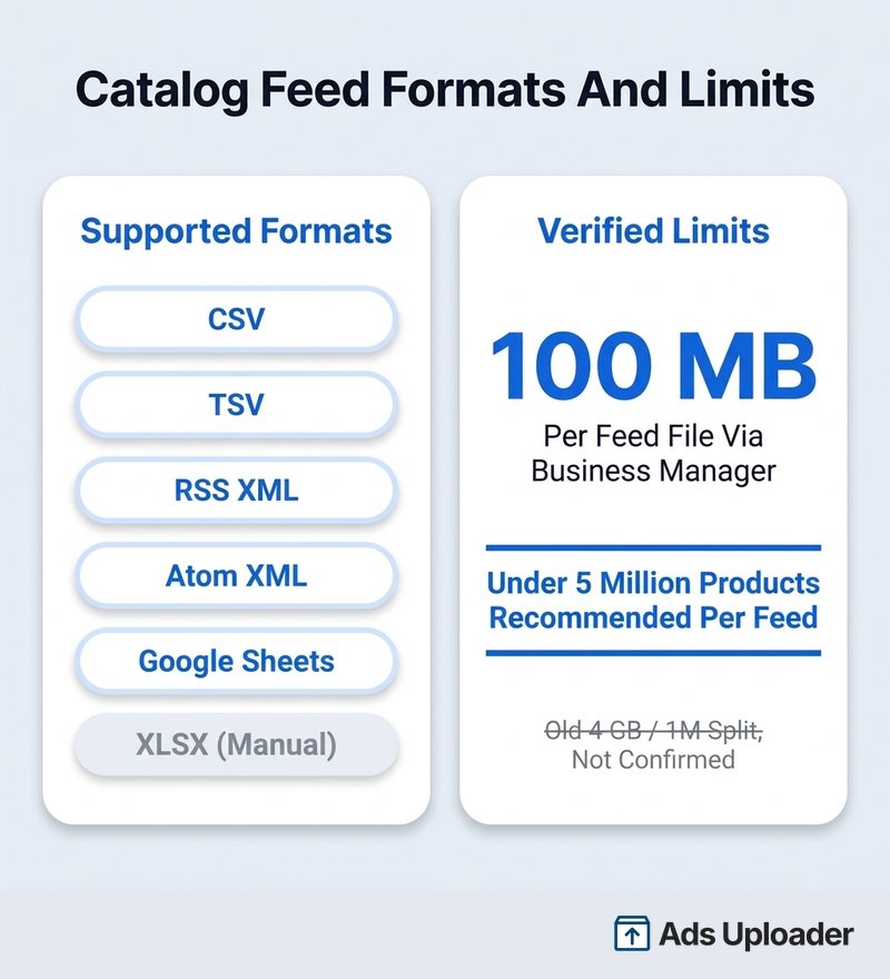 Formatos de feed de catálogo do Facebook, CSV, TSV, XML e Google Sheets, e limites verificados para 2026: 100 MB por arquivo e menos de 5 milhões de produtos por feed.