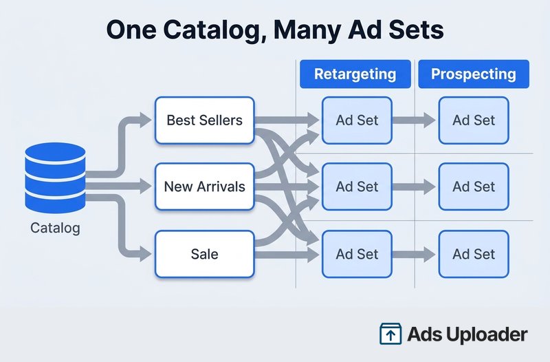 Diagrama de escala mostrando um catálogo do Facebook alimentando três product sets, cada um lançado para públicos de retargeting e prospecção, criando vários conjuntos de anúncios.