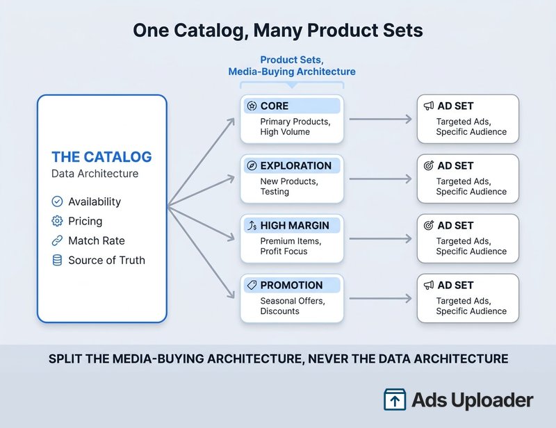 Architekturdiagramm, das einen einzelnen Meta Produktkatalog als Datenebene zeigt, die mehrere product sets versorgt, von denen jedes eine separate Anzeigengruppe speist