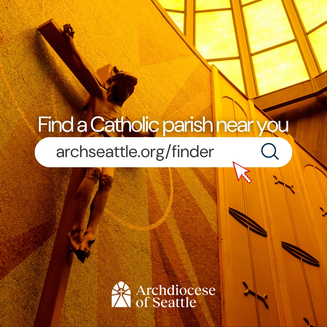 Archdiocese of Seattle Facebook ad creative: a crucifix with a search bar reading Find a Catholic parish near you at archseattle.org/finder
