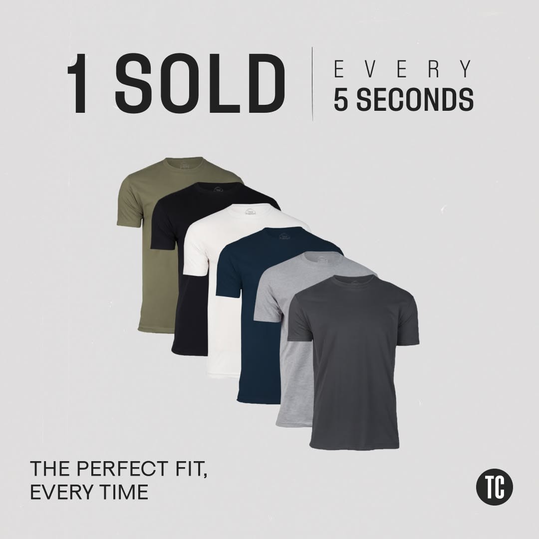 Criativo de anúncio no Facebook da True Classic: seis camisetas em leque sob o título 1 Sold Every 5 Seconds