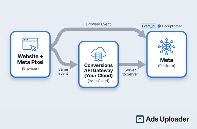 Arquitectura del Conversions API Gateway: el Meta Pixel envía eventos tanto a Meta como al Gateway, que los reenvía de servidor a servidor, deduplicados por event_id.