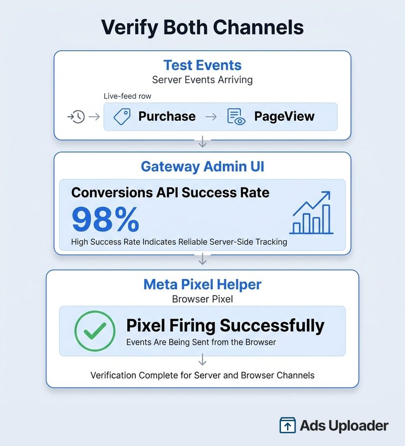 Verificación del Conversions API Gateway: Test Events mostrando eventos del servidor, la tasa de éxito de la Conversions API en la interfaz de administración, y una marca verde de Meta Pixel Helper para el pixel del navegador.