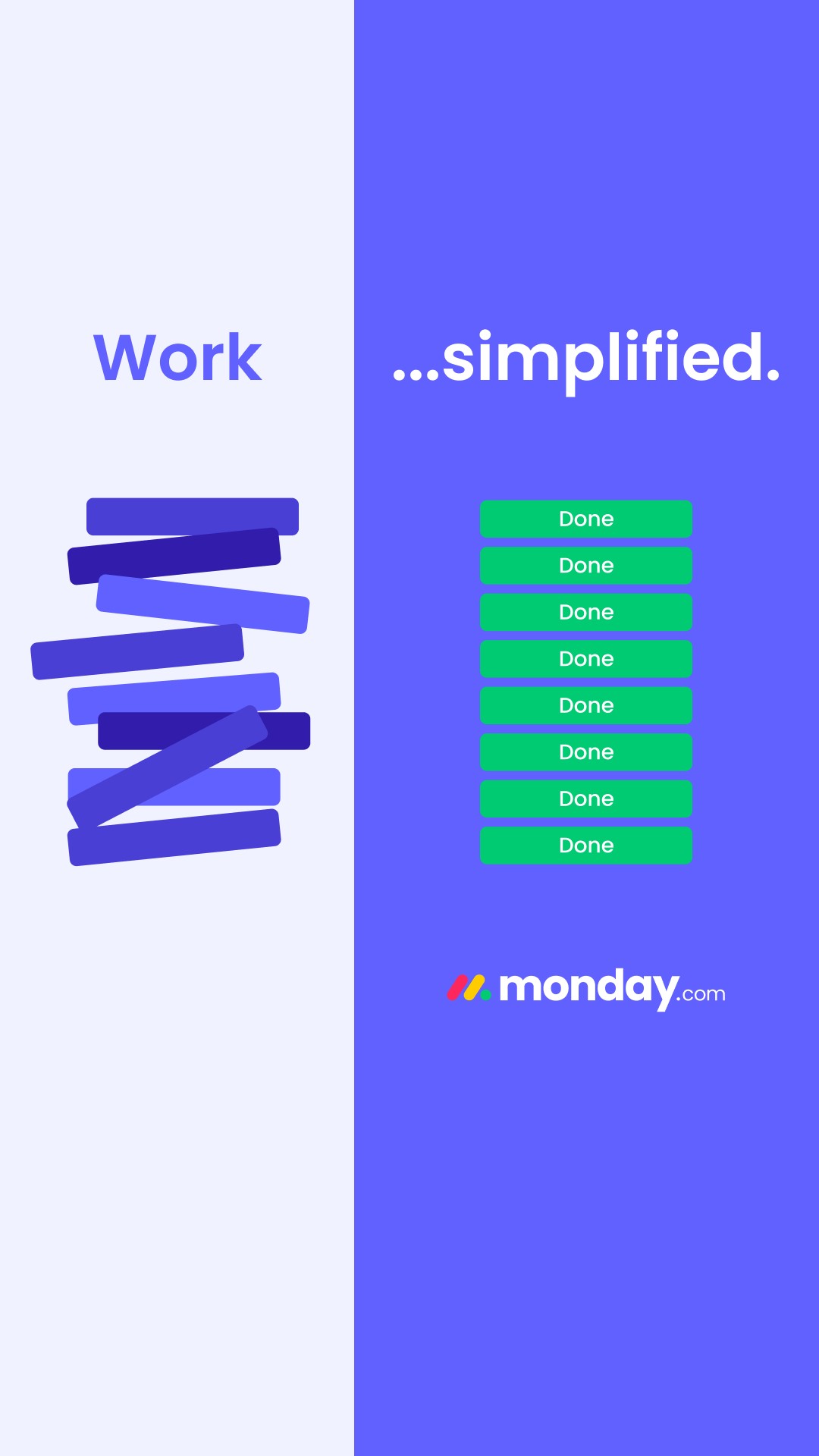 Publicité Facebook de monday.com avec un CTA vers un compte gratuit et une preuve de 225K+ clients