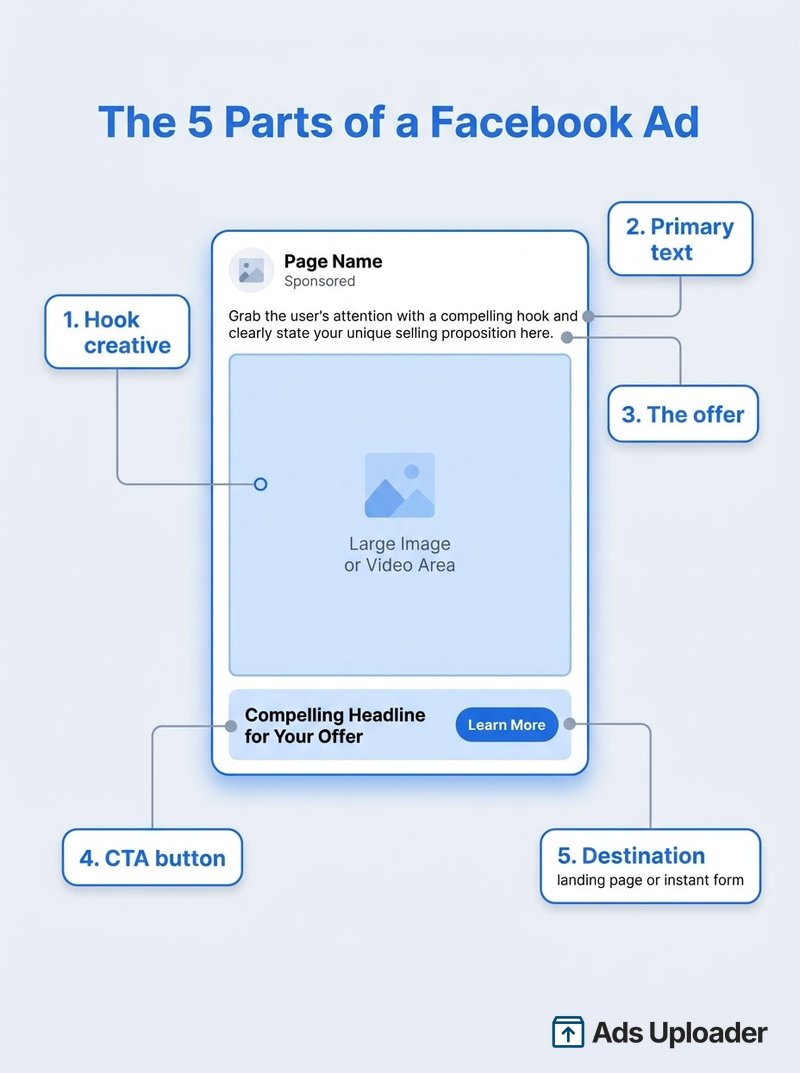 Schéma de l'anatomie d'une publicité Facebook indiquant les cinq parties : créa d'accroche, texte principal, offre, bouton CTA et destination