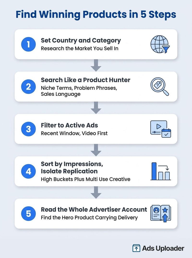 Flujo de trabajo de cinco pasos de la Facebook Ad Library para encontrar productos ganadores, desde la configuración del país hasta leer toda la cuenta del anunciante