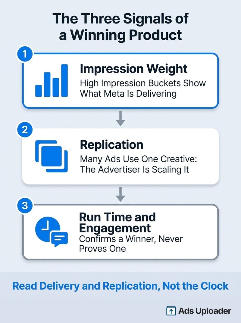 Tres señales ordenadas de un producto ganador en la Facebook Ad Library: peso de impresiones, replicación de creativo, luego tiempo activo e interacción