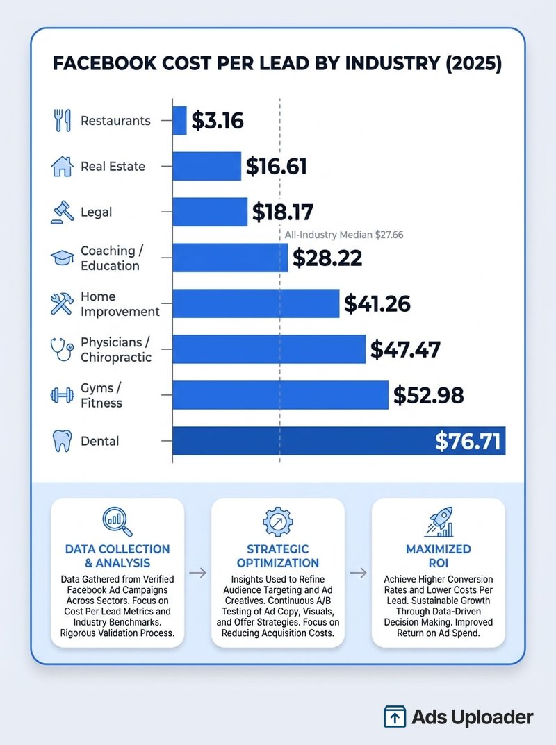 Grafico a barre del costo per lead medio su Facebook per settore nel 2025, dai ristoranti a tre dollari al dentale a settantasette dollari