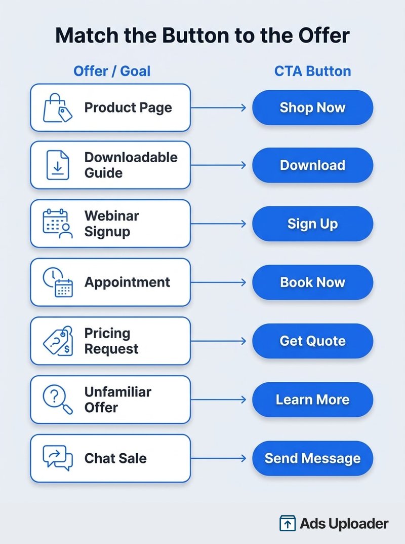 Eine zweispaltige Übersicht, die gängige Kampagnenziele und Angebote dem empfohlenen Facebook-CTA-Button zuordnet, etwa Produktseite zu Jetzt einkaufen und Termin zu Jetzt buchen