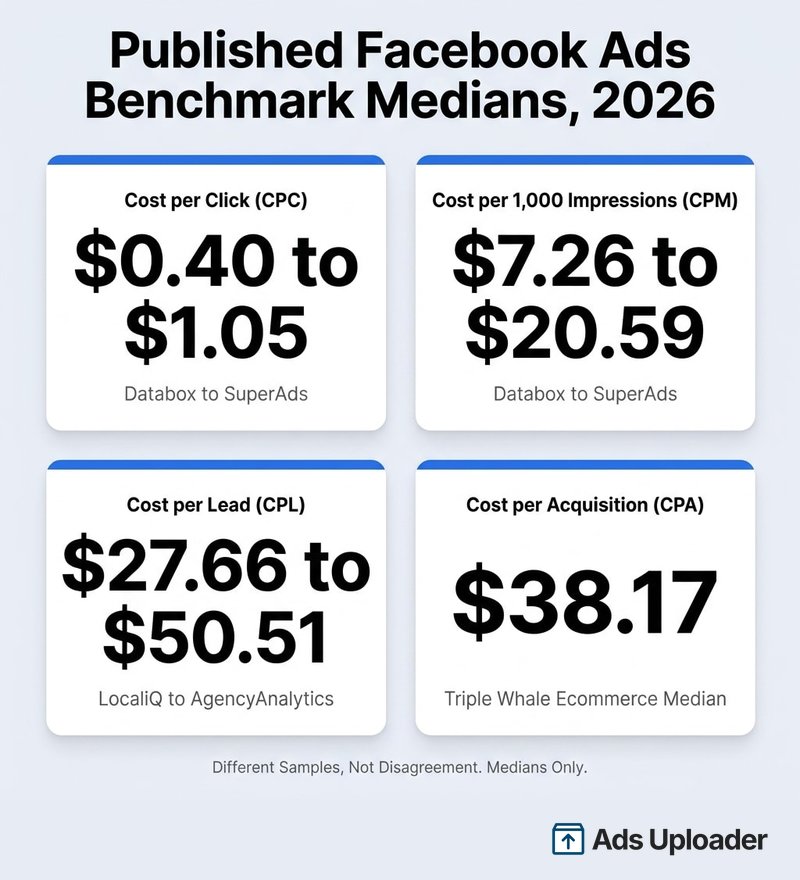 Medianas de benchmarks de anuncios de Facebook publicadas en 2026: CPC de $0.40 a $1.05, CPM de $7.26 a $20.59, CPL de $27.66 a $50.51 y CPA de $38.17.