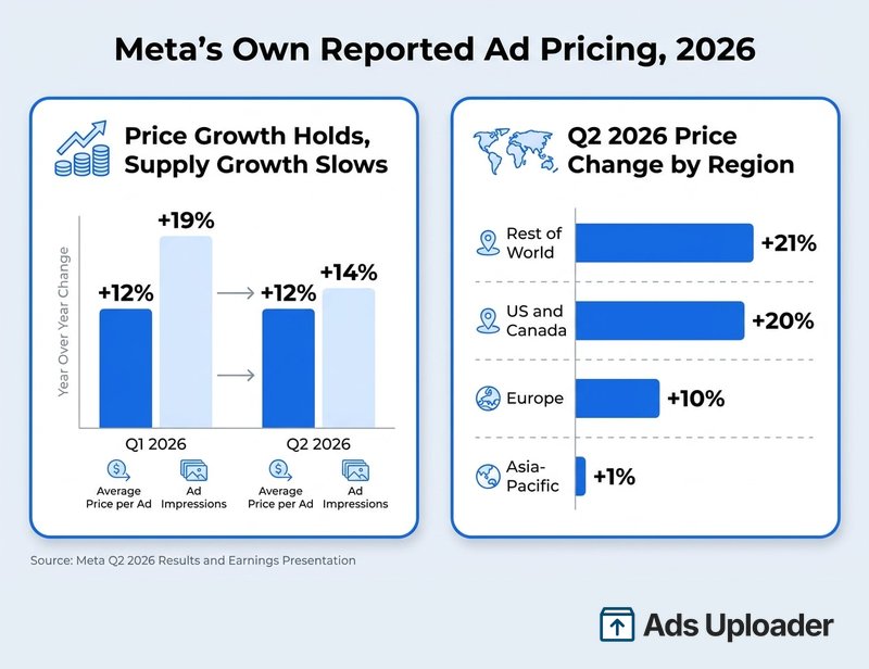 Meta reportó el precio promedio por anuncio un 12% más en el Q1 y el Q2 2026 mientras el crecimiento de impresiones se desaceleró del 19% al 14%, con EE. UU. y Canadá un 20% más.