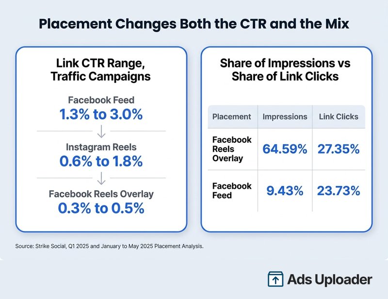 Gráfico de dos paneles que muestra los rangos de CTR de enlace de los anuncios de Facebook por ubicación junto a la proporción de impresiones frente a la proporción de clics en enlaces, con Reels Overlay llevándose el 64.59 por ciento de las impresiones pero el 27.35 por ciento de los clics en enlaces