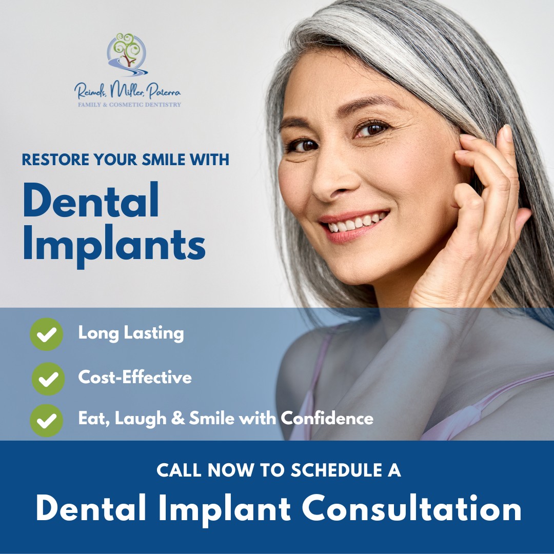 Reimels Miller & Paterra Family & Cosmetic Dentistry Facebook ad creative: Achieve Your Ideal Smile with Dental Implants