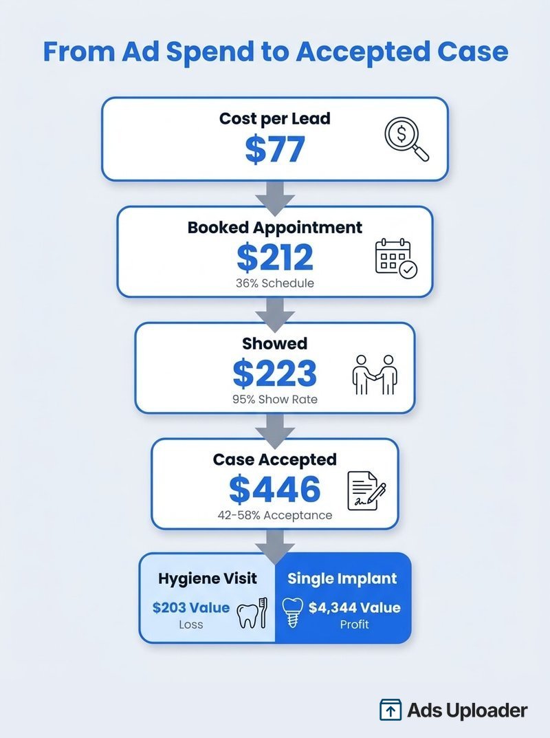 Funnel diagram showing dental Facebook ad spend converting through leads, booked appointments, shows and accepted cases