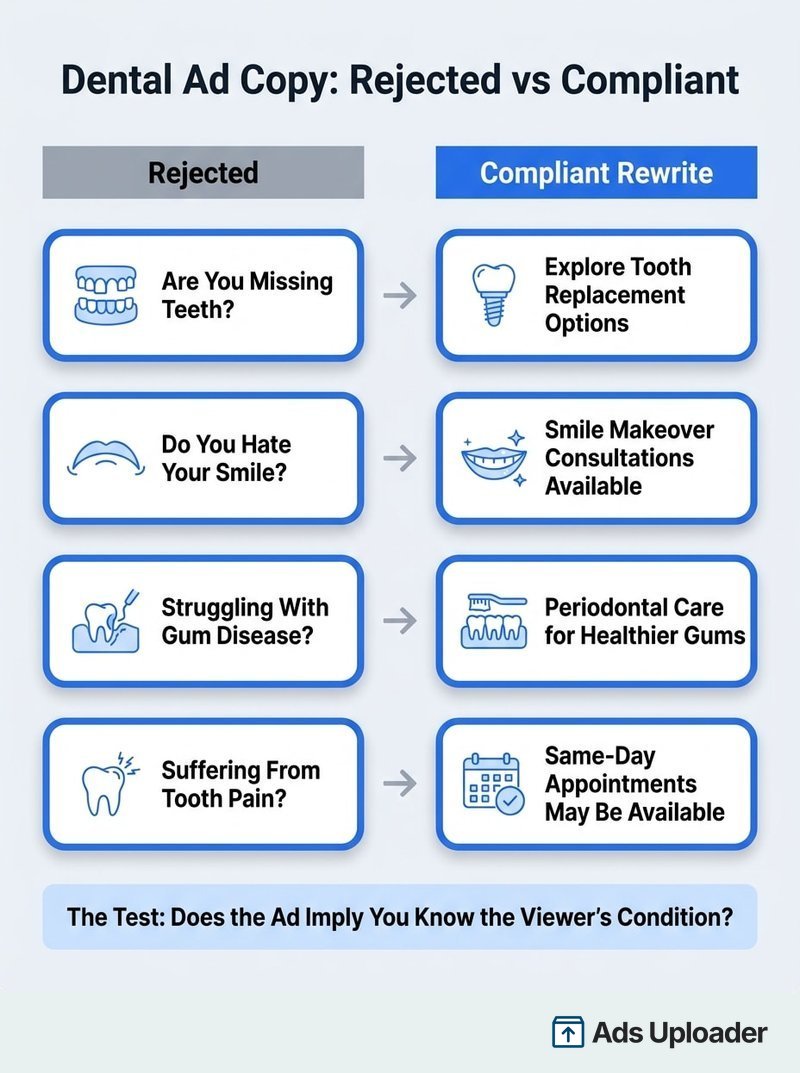 Side-by-side comparison of dental Facebook ad copy that violates Meta's personal attributes policy and compliant rewrites of the same hooks
