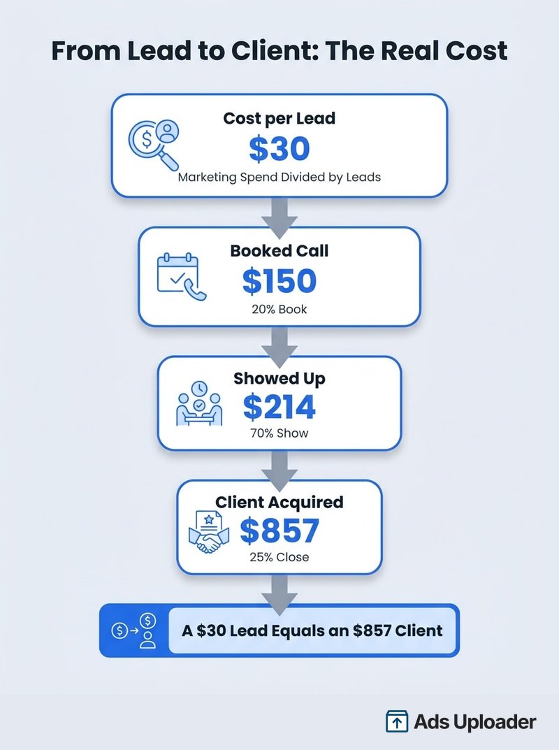 Diagrama de funil mostrando como um lead de coaching de $30 vira um cliente de $857 depois das taxas de agendamento, comparecimento e fechamento