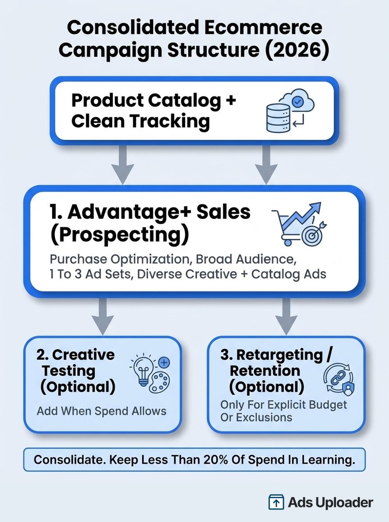 Carte de structure montrant une campagne principale de prospection Advantage+ Sales, un ensemble de publicités de test facultatif et une campagne de retargeting ou de rétention facultative, tous alimentés par un catalogue produits.