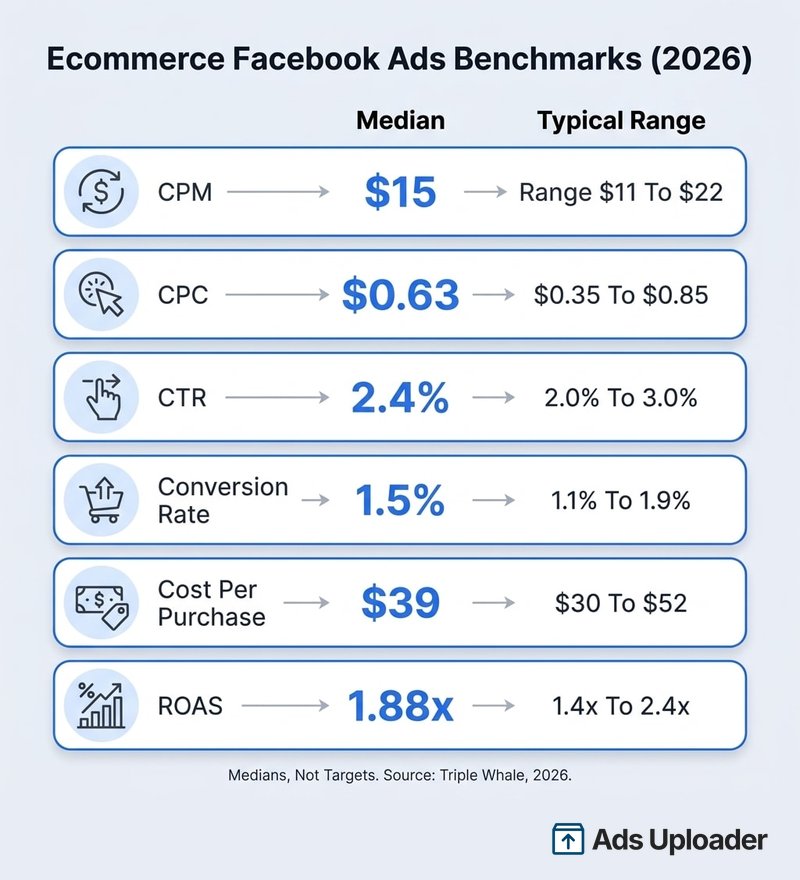 Tableau des benchmarks 2026 des publicités Facebook pour l'e-commerce, avec la médiane et la fourchette habituelle du CPM, du CPC, du CTR, du taux de conversion, du coût par acquisition et du ROAS.