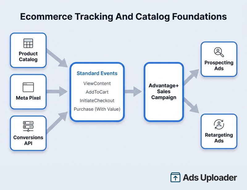 Schéma montrant un catalogue produits, le Meta Pixel et Conversions API qui envoient des événements standard à une campagne Advantage+ Sales, laquelle génère des publicités de prospection et de retargeting.
