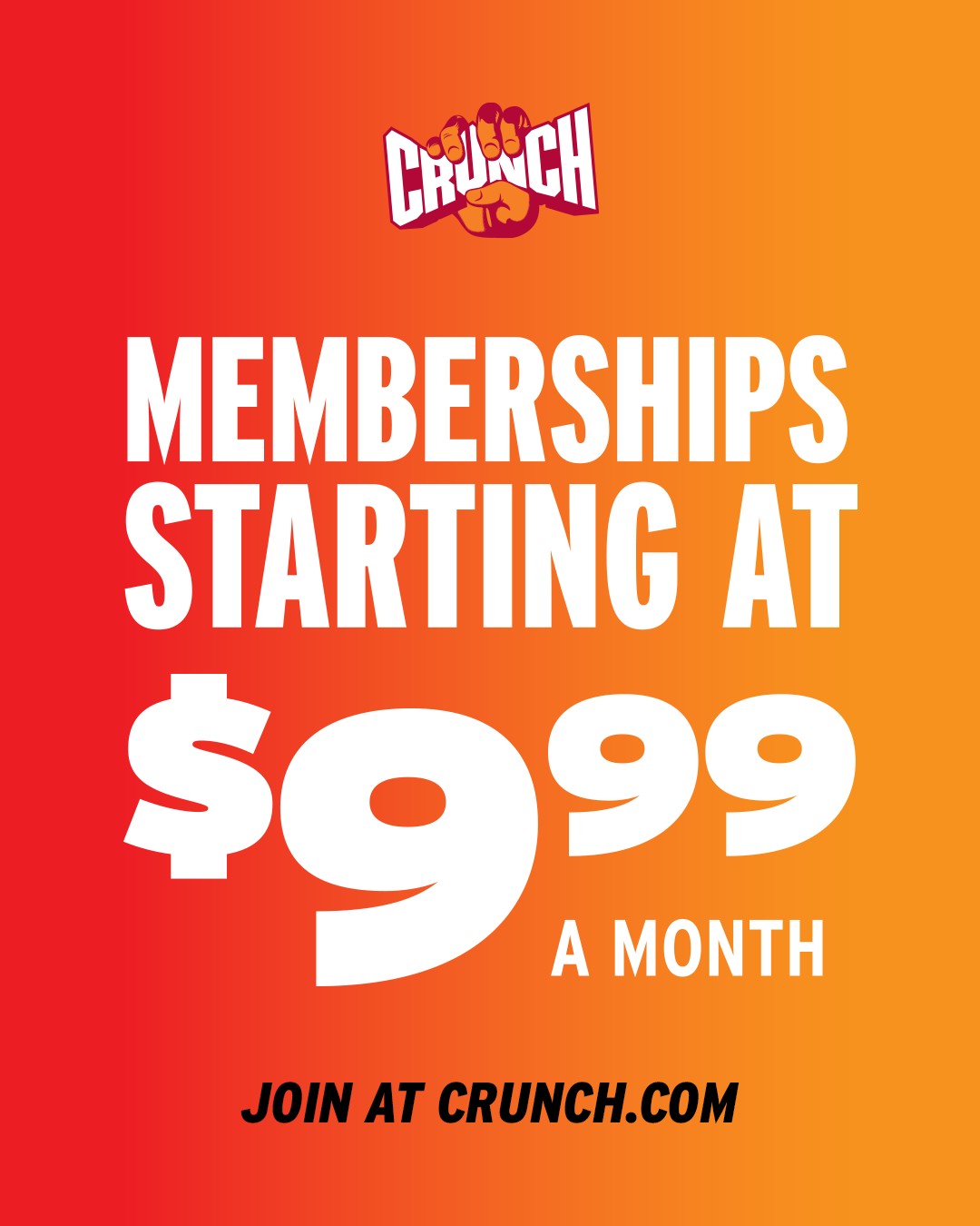 Visuel de publicité Facebook de Crunch Fitness : More for Less, abonnements à partir de $9.99 par mois