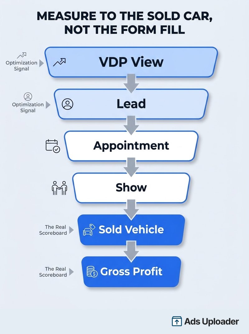 Embudo de medición para los anuncios de inventario automotriz desde la vista de la página de detalle del vehículo hasta el lead y la venta de vehículo coincidente