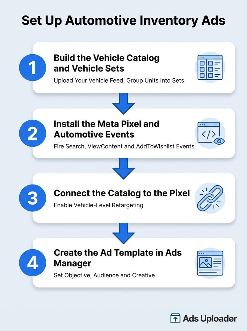 Flujo de configuración en cuatro pasos para los anuncios de inventario automotriz de Facebook: crear el catálogo de vehículos, instalar el Meta Pixel, conectarlos y crear la plantilla del anuncio