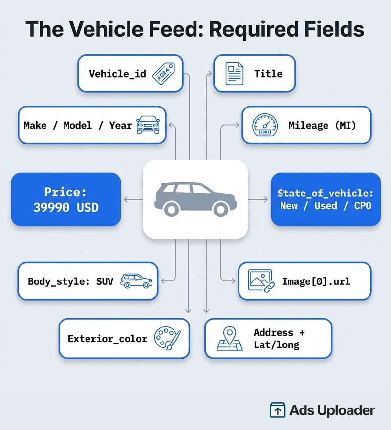 Anatomía del feed de vehículos de un anuncio de inventario automotriz de Meta con campos obligatorios como vehicle_id, price, mileage, body_style y state_of_vehicle