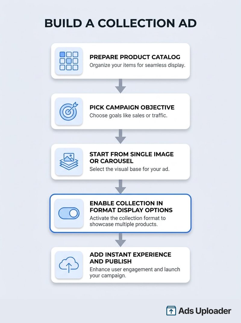 Flujo de cinco pasos para configurar un Facebook Collection Ad, desde el catálogo de productos hasta el objetivo de campaña, el formato Collection, la plantilla de Instant Experience y la publicación