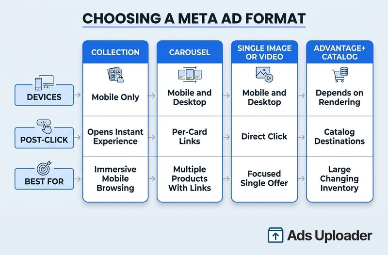 Matriz de decisión que compara los formatos Collection, carrusel, imagen o video único y Advantage+ catalog de Facebook según la compatibilidad con dispositivos, el comportamiento después del clic y el mejor caso de uso