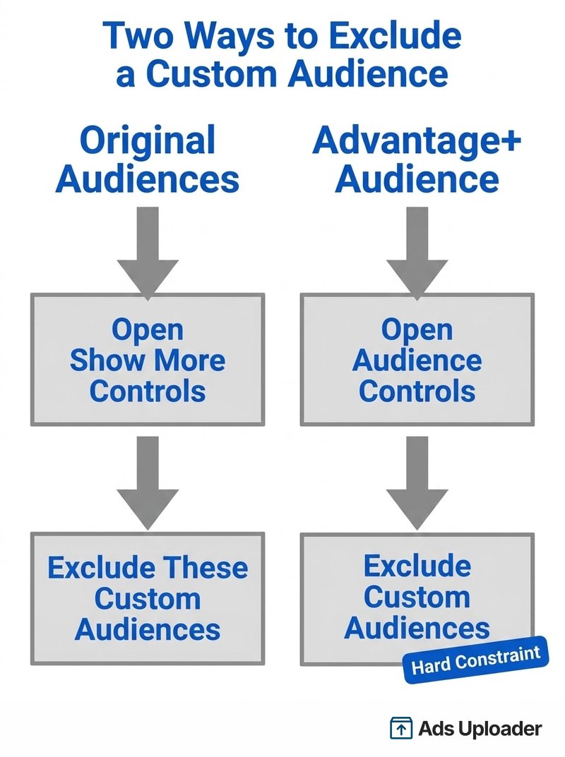 Step-by-step flow showing how to exclude a custom audience via Original Audiences or Advantage+ Audience controls in Meta Ads Manager