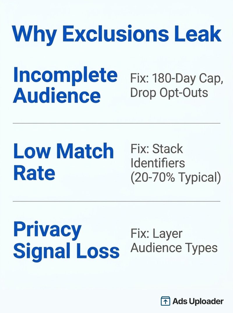 Three reasons Facebook custom audience exclusions leak (incomplete audiences, low match rate, privacy signal loss) and how to fix each