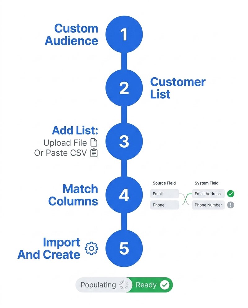 Percorso verticale della creazione di un pubblico personalizzato di lista clienti in Ads Manager, da Pubblico personalizzato passando per Abbina colonne fino a Generazione e poi Pronto.
