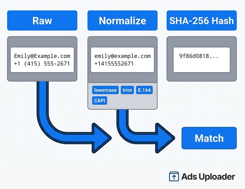 Diagramma che mostra un'email e un numero di telefono grezzi normalizzati in minuscolo e formato solo cifre, poi convertiti in un hash SHA-256 per il matching di Meta.