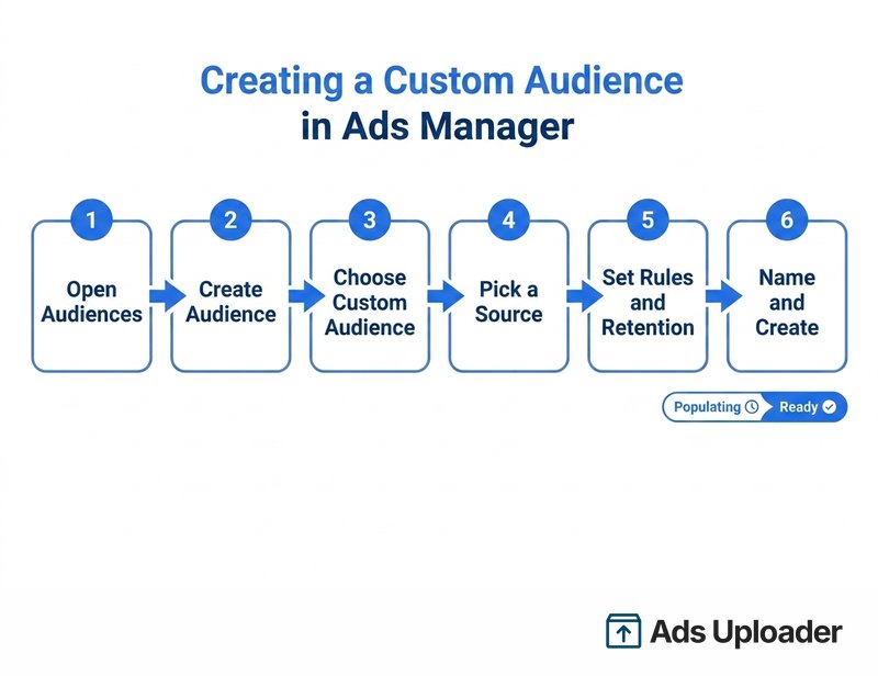 Diagrama de fluxo de passos mostrando como criar um público personalizado do Facebook no Ads Manager, desde abrir Audiences até escolher uma fonte e definir a retenção até um público Ready.