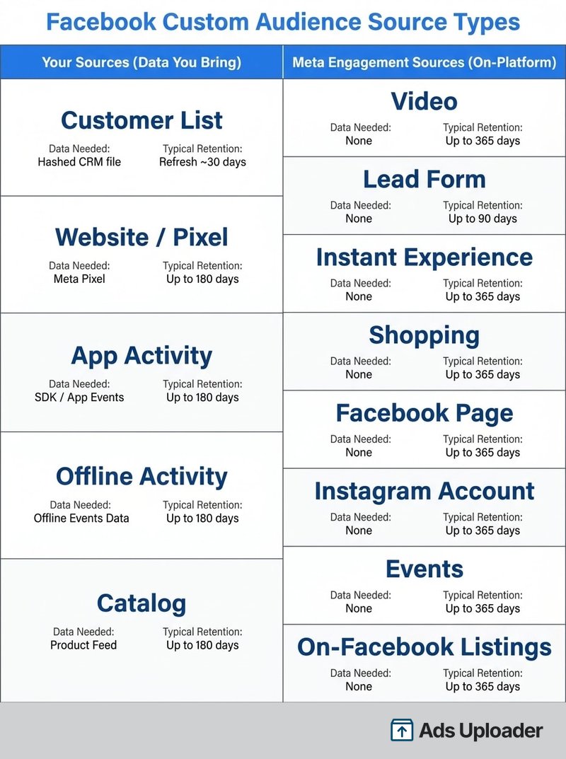 Tabela dos tipos de fonte de público personalizado do Facebook em duas categorias, suas próprias fontes e as fontes de engajamento da Meta, com os dados que cada uma precisa e sua janela de retenção típica.
