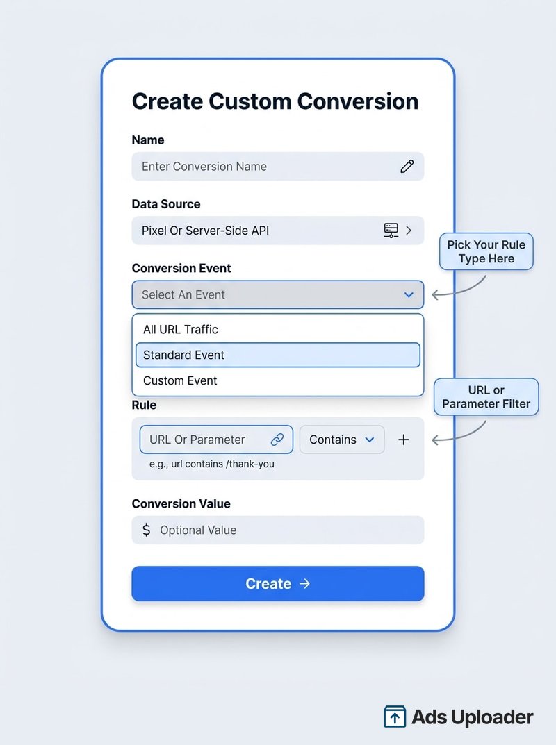 Panneau Create Custom Conversion de Meta Events Manager annoté mettant en évidence le menu déroulant de l'événement de conversion et le constructeur de règles d'URL ou de paramètre.
