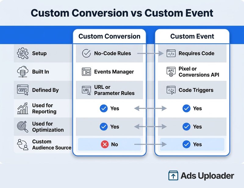 Tableau de comparaison montrant que les conversions personnalisées sont des règles sans code d'Events Manager tandis que les événements personnalisés nécessitent du code et peuvent amorcer des audiences personnalisées.