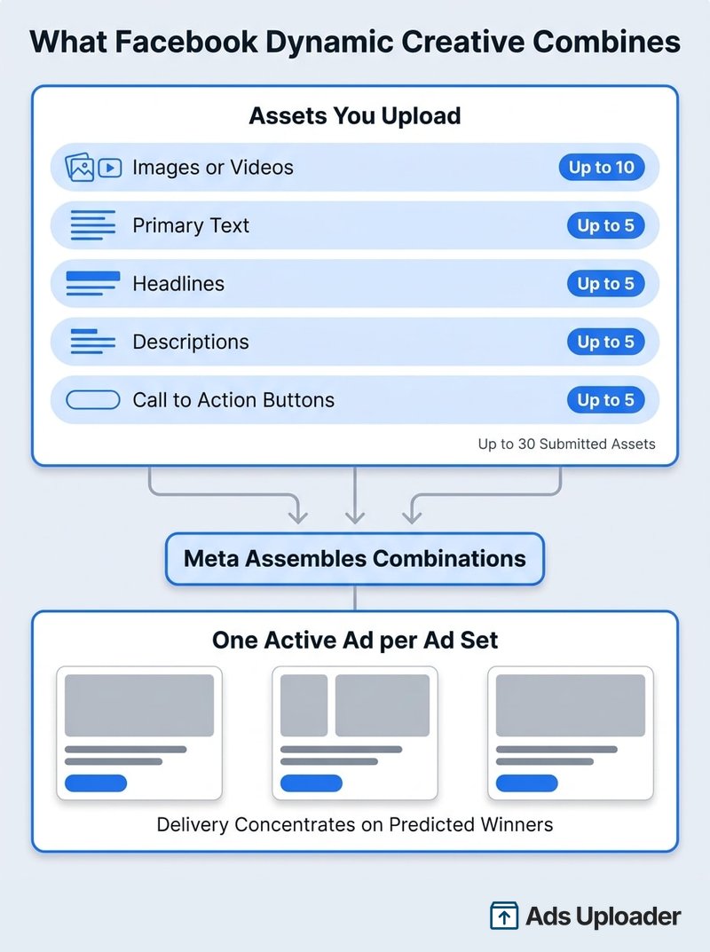Diagramme montrant comment Facebook Dynamic Creative combine 10 assets média et cinq options de texte et de CTA dans une seule annonce