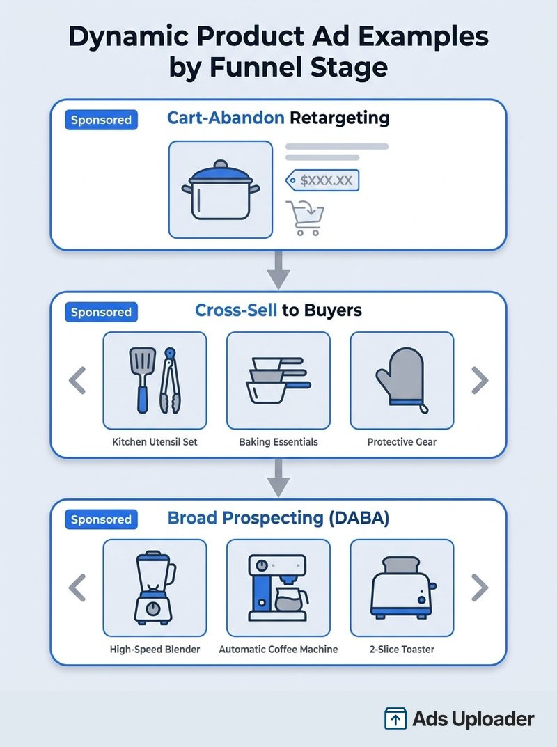 Tres ejemplos de dynamic product ads por etapa del funnel: retargeting de abandono de carrito, venta cruzada a compradores y prospección amplia con DABA.
