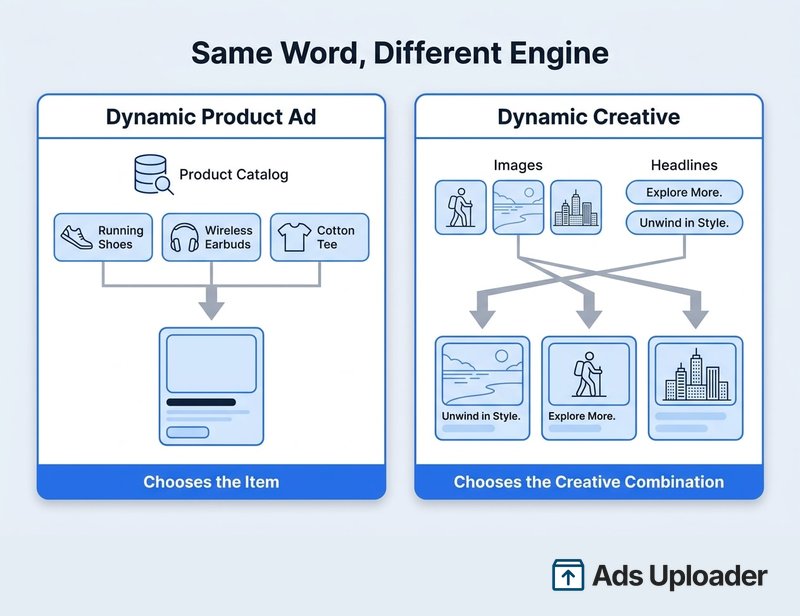 Diagrama que compara un dynamic product ad de Facebook, que selecciona un artículo de un catálogo de productos, con Dynamic Creative, que combina imágenes y titulares subidos.