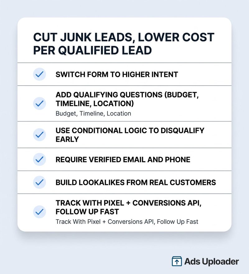 Infografía tipo checklist titulada "Cut Junk Leads, Lower Cost Per Qualified Lead" con seis elementos marcados en azul: cambiar el formulario a Higher Intent, agregar preguntas de calificación sobre presupuesto, plazo y ubicación, usar lógica condicional para descalificar temprano, exigir email y teléfono verificados, crear lookalikes desde clientes reales, y rastrear con Pixel más Conversions API haciendo seguimiento rápido.