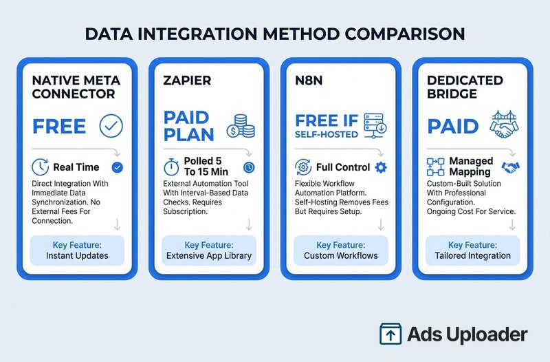 Infografica di confronto dei metodi di integrazione dati che mette a confronto quattro route per inviare lead Facebook a Google Sheets: il connettore Meta nativo gratuito con aggiornamenti istantanei in tempo reale, Zapier su piano a pagamento con polling ogni 5-15 minuti e ampia libreria app, n8n gratuito se self-hosted con controllo completo sui workflow custom, e un bridge dedicato a pagamento con mapping gestito e integrazione su misura.