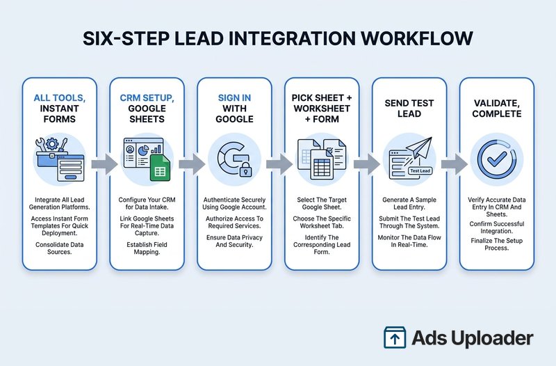 Infografica del workflow di integrazione lead Meta in sei passaggi che mostra il flusso nativo di setup Google Sheets in ordine: aprire Tutti gli strumenti e Instant Forms, andare su CRM Setup e scegliere Google Sheets, accedere con Google per autorizzare l'accesso, scegliere il foglio di calcolo target più scheda worksheet e modulo lead, inviare un lead di test per generare una riga campione, poi validare la modifica e completare l'integrazione.
