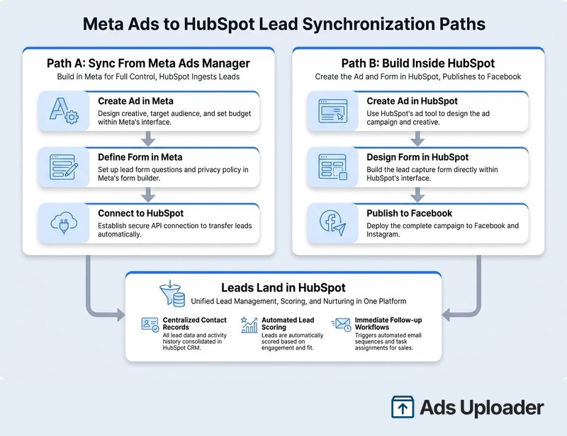 Infografik, die die zwei Lead-Synchronisierungspfade von Meta Ads zu HubSpot vergleicht: Weg A zeigt Anzeige in Meta erstellen, Formular in Meta definieren und mit HubSpot verbinden für volle Kampagnenkontrolle, neben Weg B mit Anzeige in HubSpot erstellen, Formular in HubSpot designen und auf Facebook veröffentlichen, wobei beide darin zusammenlaufen, dass Leads in HubSpot für zentrale Kontaktdatensätze, automatisiertes Lead Scoring und sofortige Follow-up-Workflows landen