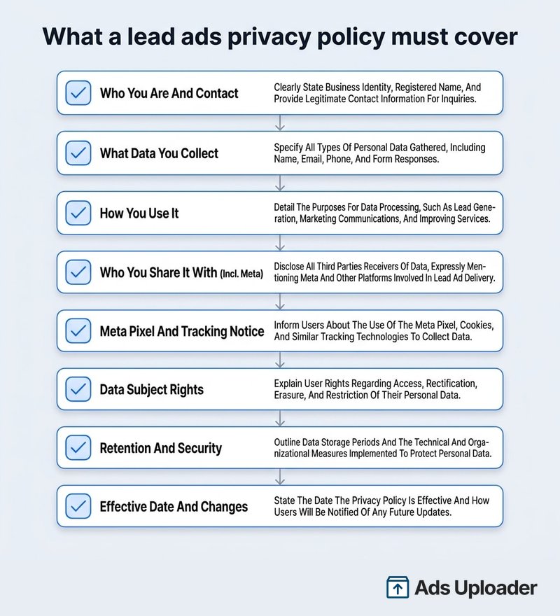 Infografía checklist vertical titulada "What a lead ads privacy policy must cover" que enumera las ocho cláusulas requeridas en filas con checkbox azul de arriba a abajo: quién eres y contacto, qué datos recopilas, cómo los usas, con quién los compartes incluyendo Meta, aviso de Meta Pixel y tracking, derechos del titular de datos, retención y seguridad, y fecha de vigencia y cambios, cada una con una explicación breve de una línea sobre lo que debe divulgar esa sección.